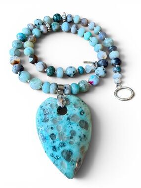African Turquoise Heart Pendant with Mixed Genuine Gemstone Beaded Necklace 925